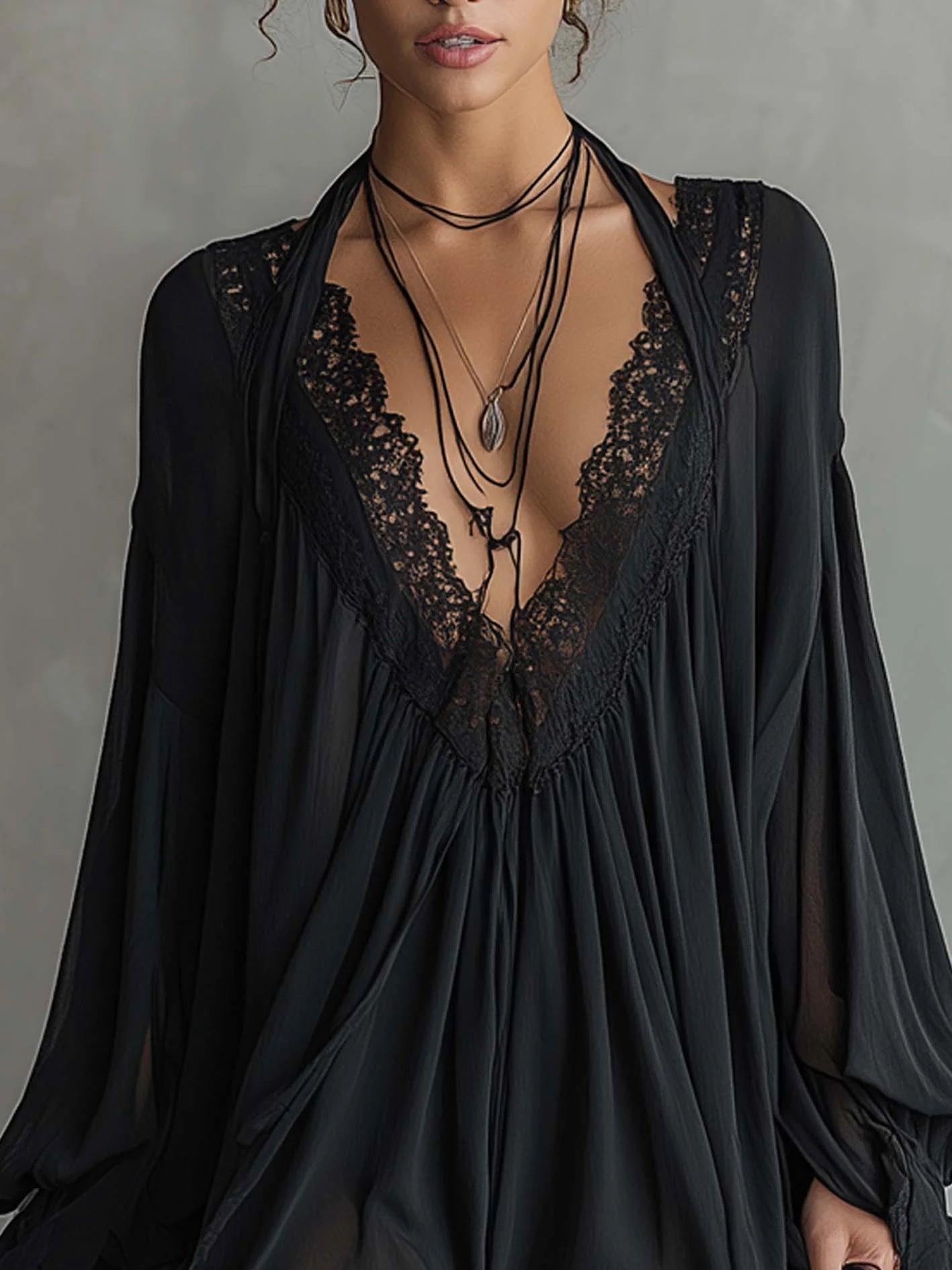 Noirelle™ – Flowy Chiffon Halter Mini Dress with Lace Neckline + 50% OFF