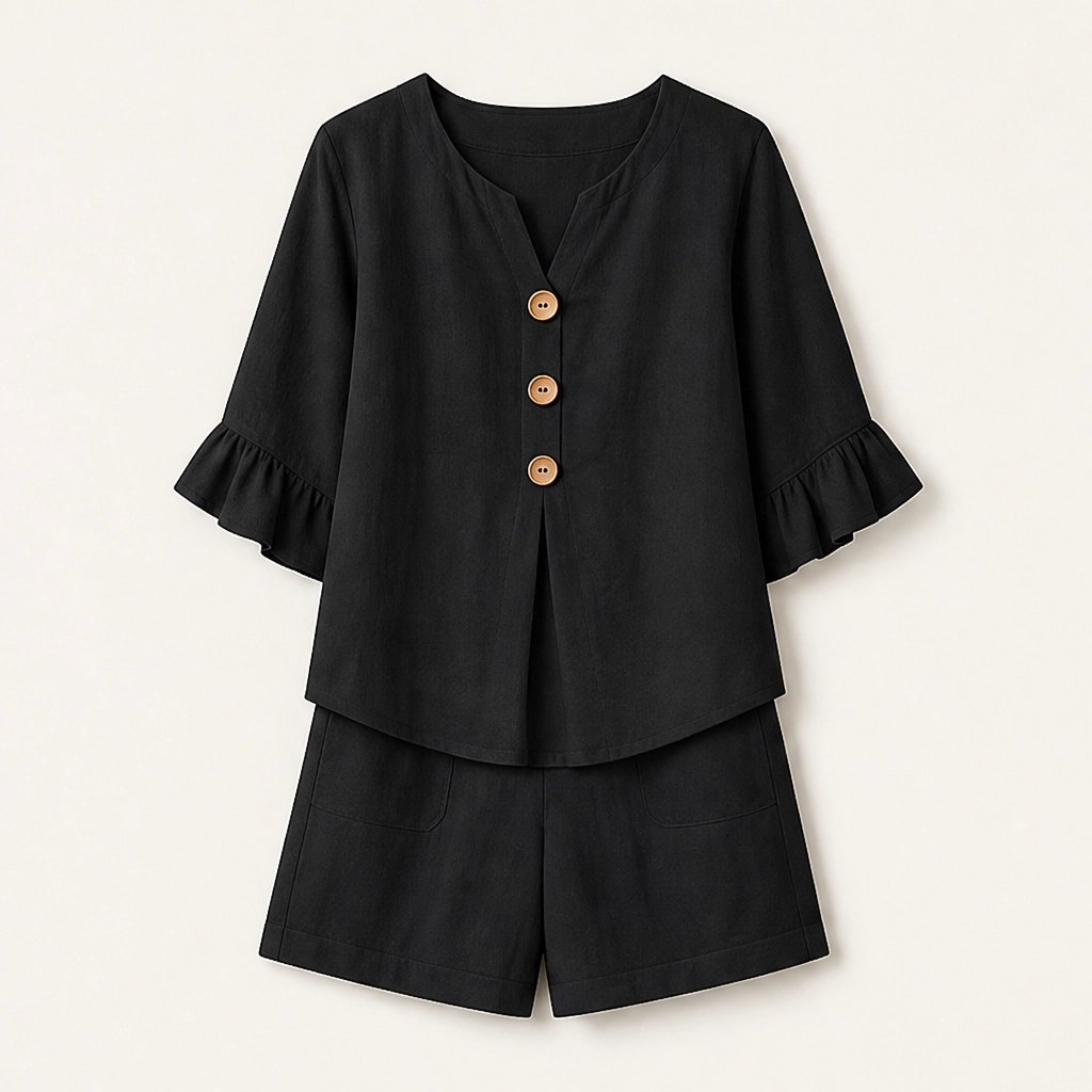 Solene™ – Cotton V-Neck Ruffle Top & Pocket Shorts Two-Piece Set + 50% OFF