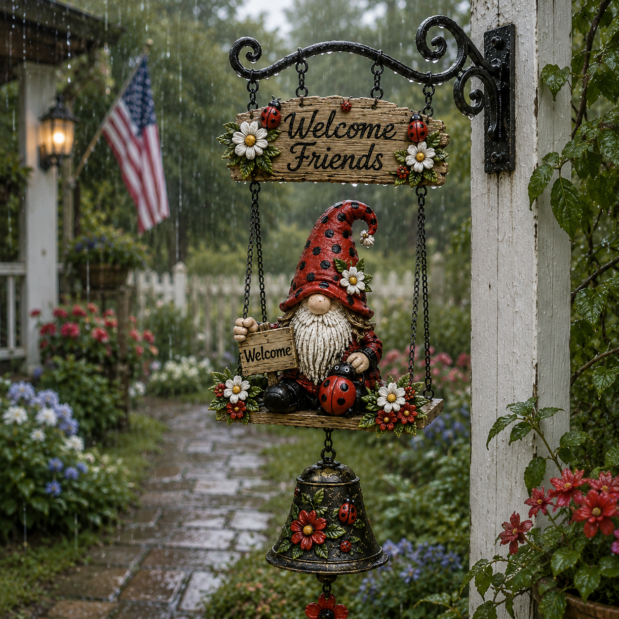 Bellgrove – Ladybug Gnome Hanging Welcome Sign with Swing & Bell + 50% OFF
