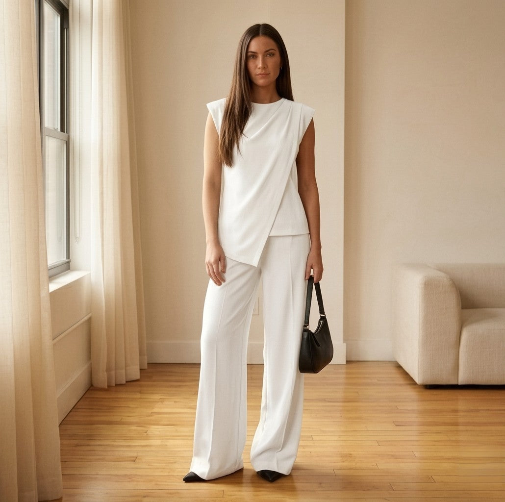 Plennoir™ – Asymmetric Draped Top & Wide-Leg Pants Two-Piece Set + 50% OFF