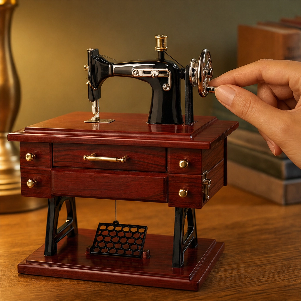 Threadwell™ – Vintage Sewing Machine Music Box with Moving Parts & Drawer Melody + 50% OFF