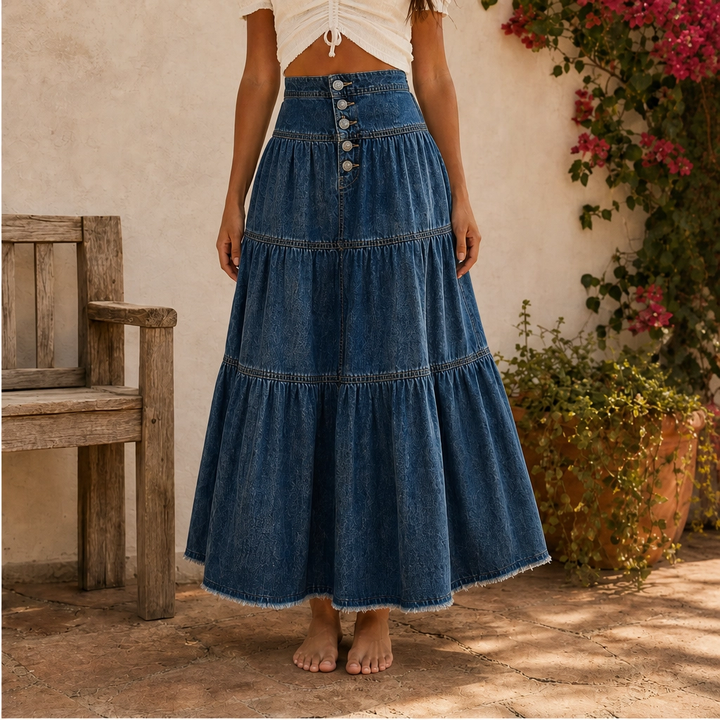 Verena™ – High-Waisted Tiered A-Line Denim Maxi Skirt + 50% OFF