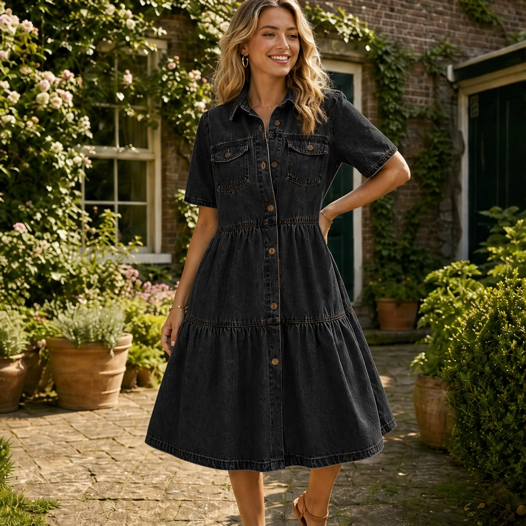 Verene™ – Collared Button-Front Layered Midi Dress + 50% OFF