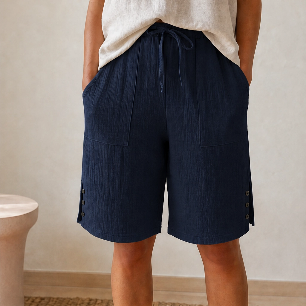 Driftwell™ – Side-Button Cotton Blend Knee-Length Shorts + 50% OFF