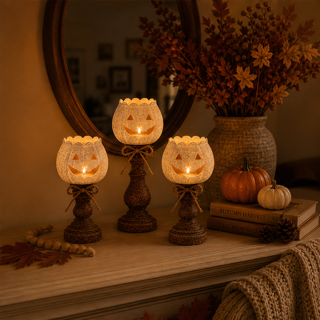 Hallowick – Rustic Linen Pumpkin Tealight Holder Set + 50% OFF lifestyle