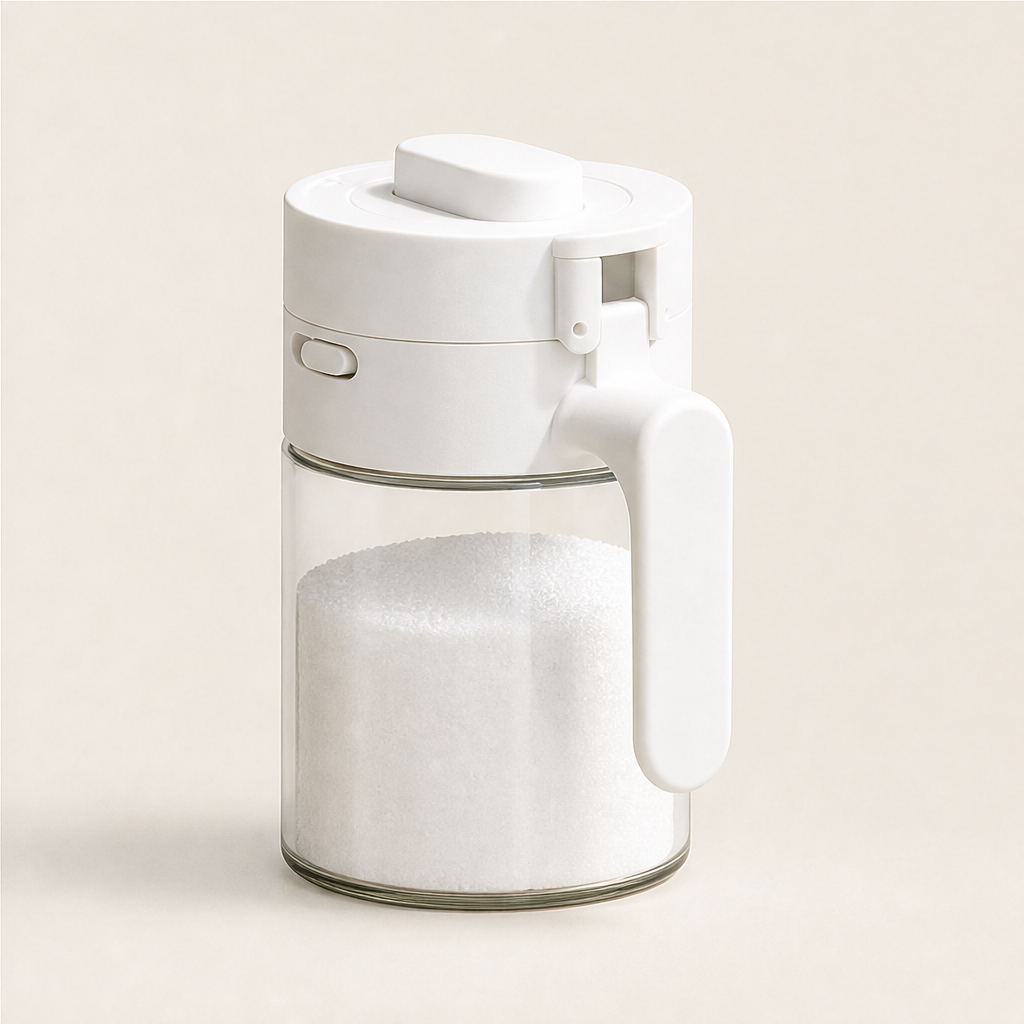 Spicenook – Built-In Spoon, Flip Lid, Mess-Free Glass Spice Jar + 50% OFF White