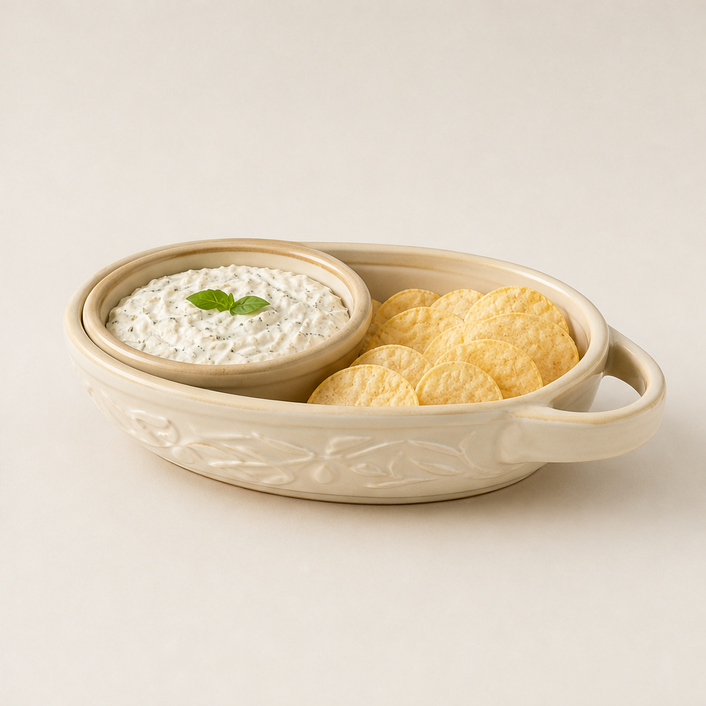 Olivara – Divided Ceramic Dip Bowl with Handle + 50% OFF Beige