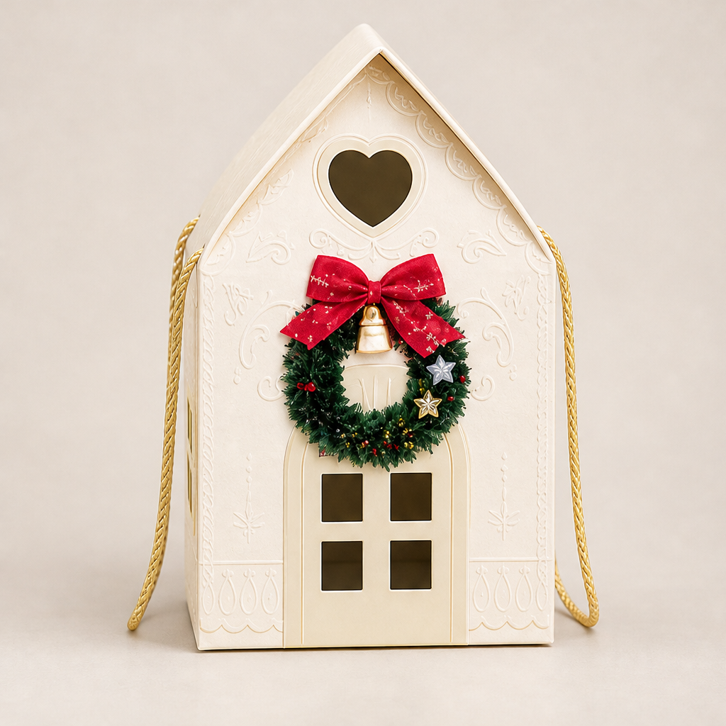 Winterbloom Cottage – Reusable Christmas House Gift Box with Wreath Detail + 1+1 FREE Beige