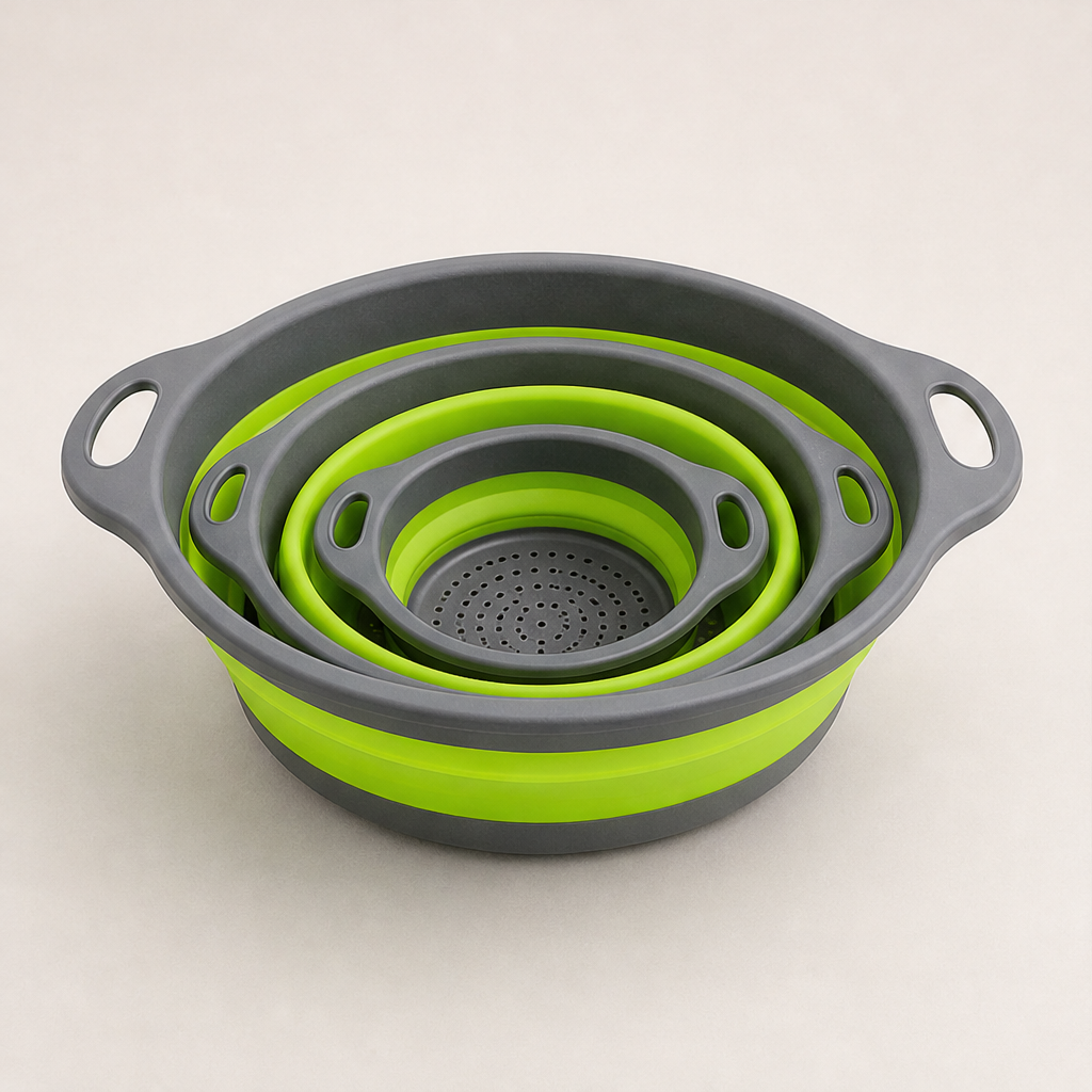 Foldwell – 3-Piece Collapsible Colander Set with Draining Base + 50% OFF Green