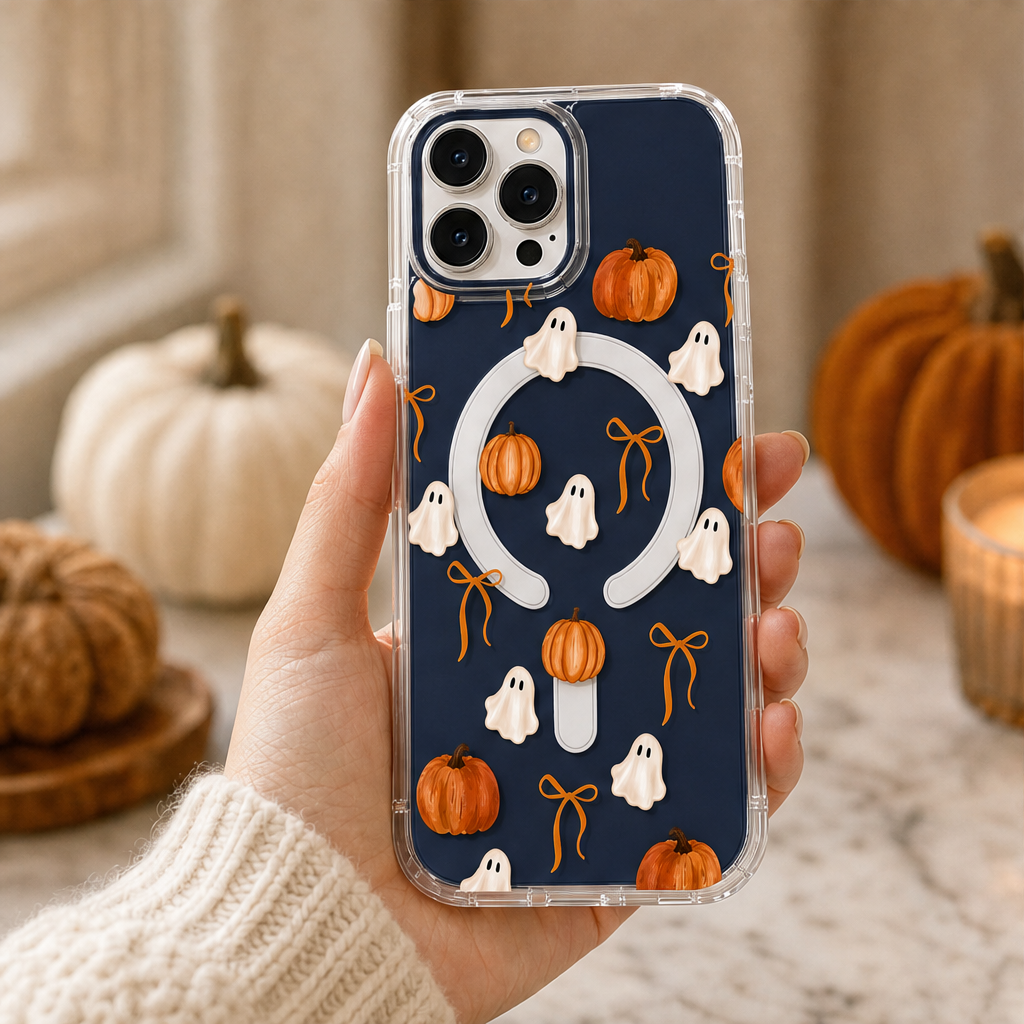Ghostwick – Silk-Print Ghost & Pumpkin MagSafe Clear Phone Case + 50% OFF Navy