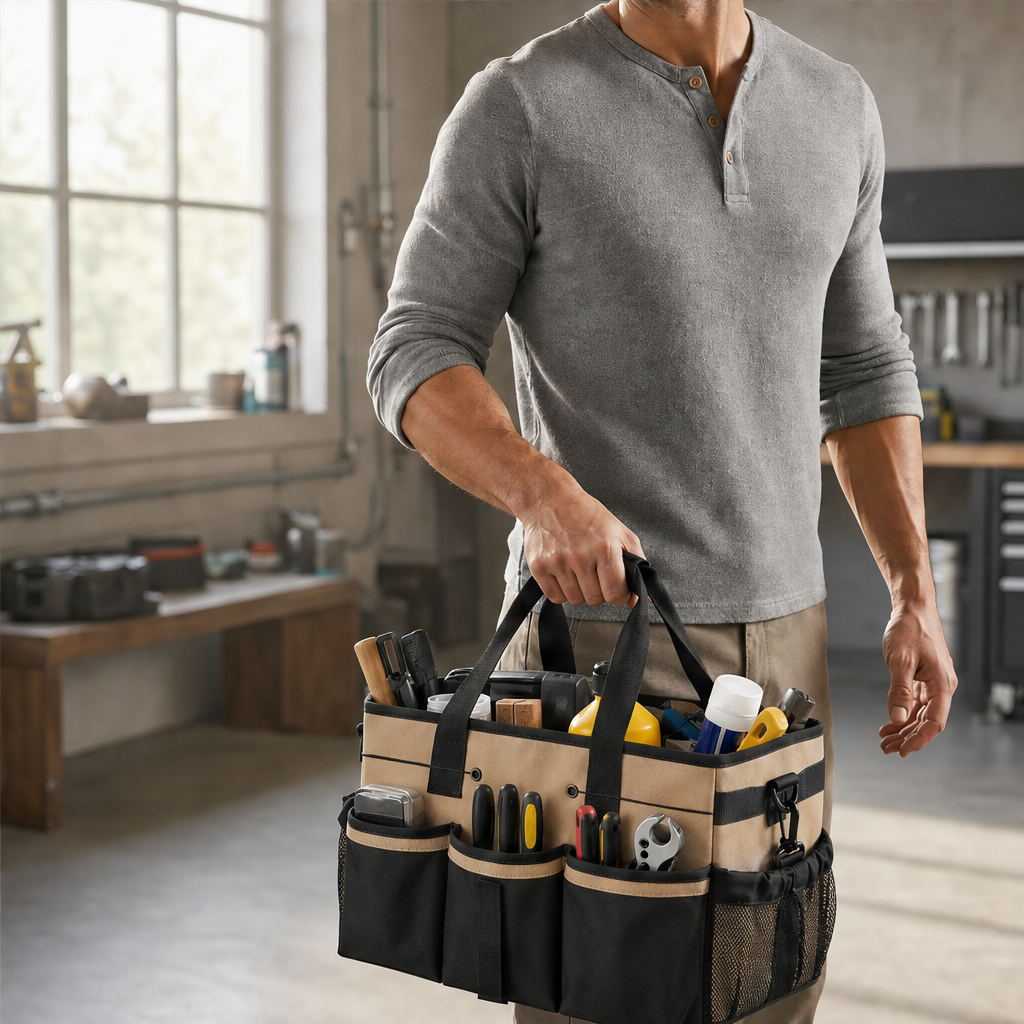 Stowmarch – Reinforced Multi-Pocket Utility Tote for Tools & Garage Gear + 50% OFF Khaki