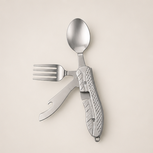 Packfork – 4-in-1 Folding Camp Utensil Set Silver