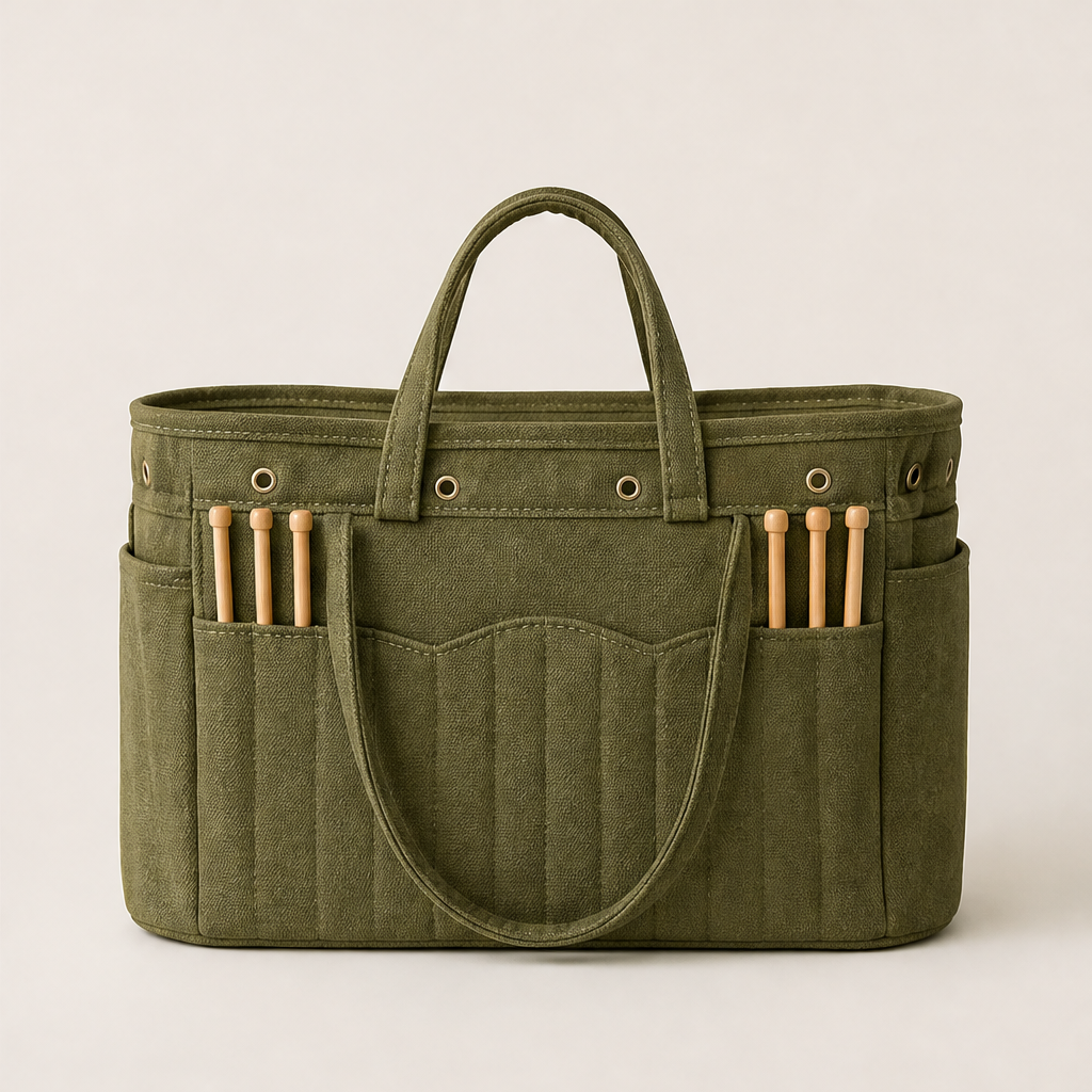 Woolcroft – Tangle-Free Canvas Yarn Storage Tote with Needle Pockets + 50% OFF Olive