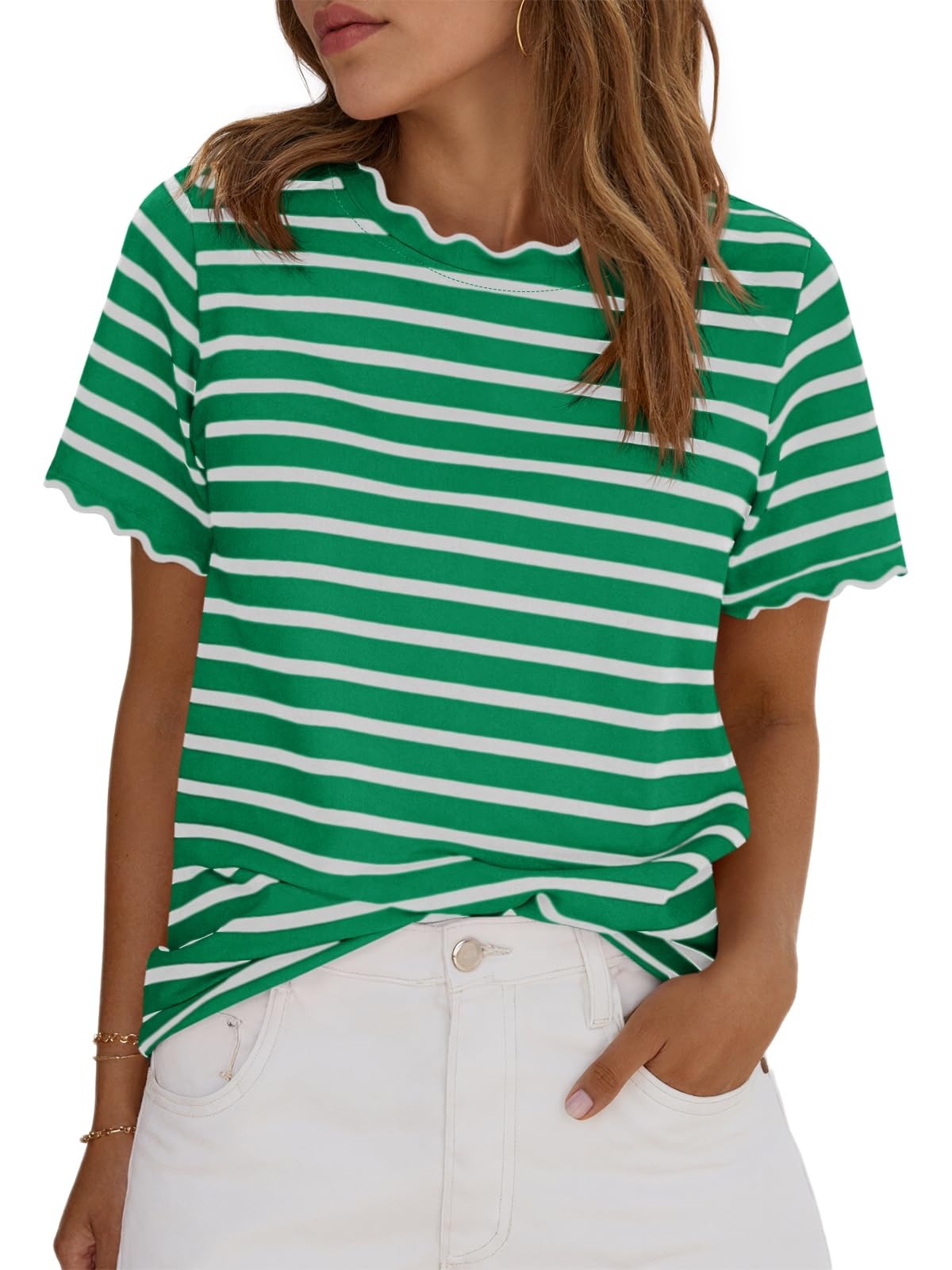 Scallise™ – Scalloped Neck & Sleeve Striped T-Shirt + 50% OFF