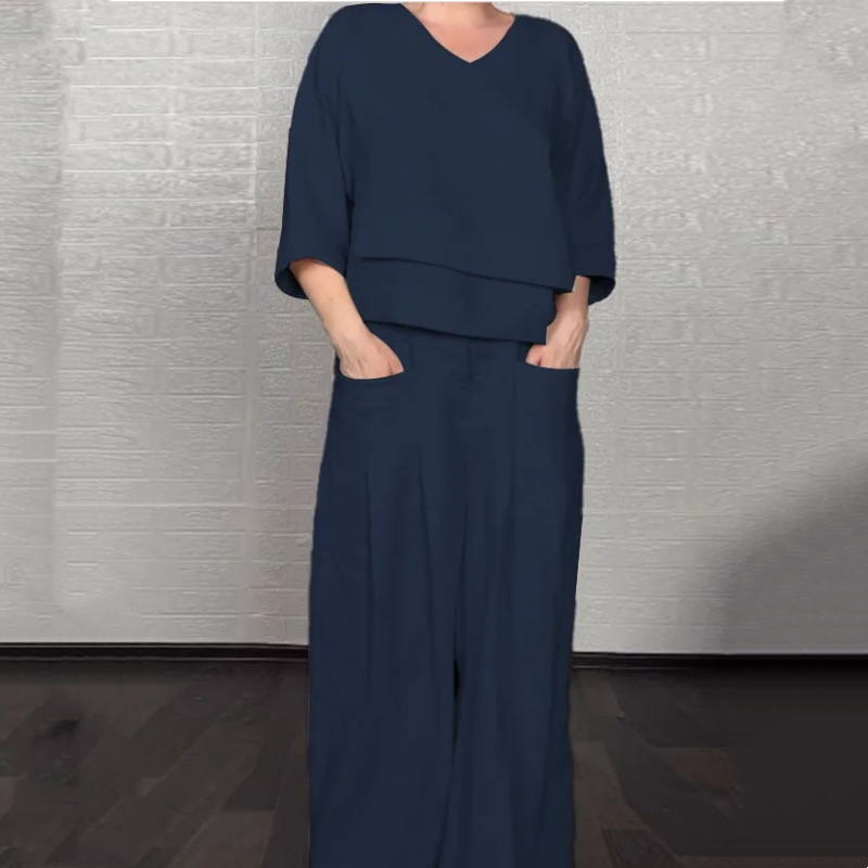Willowmere™ – Asymmetric Cotton-Linen V-Neck Top & Wide-Leg Trouser Set + 50% OFF