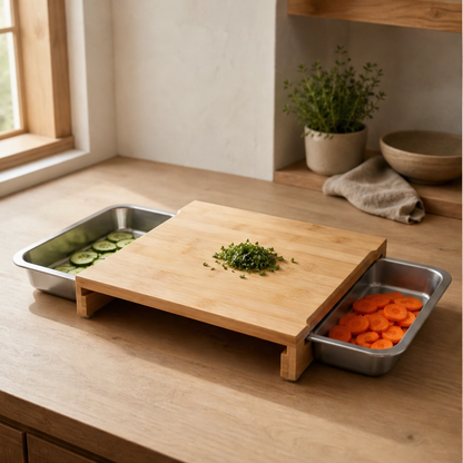 Larderboard™ – Bamboo Prep Board with Built-In Stainless Steel Trays + 50% OFF