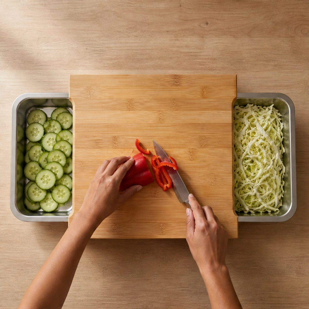 Larderboard™ – Bamboo Prep Board with Built-In Stainless Steel Trays + 50% OFF