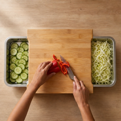 Larderboard™ – Bamboo Prep Board with Built-In Stainless Steel Trays + 50% OFF
