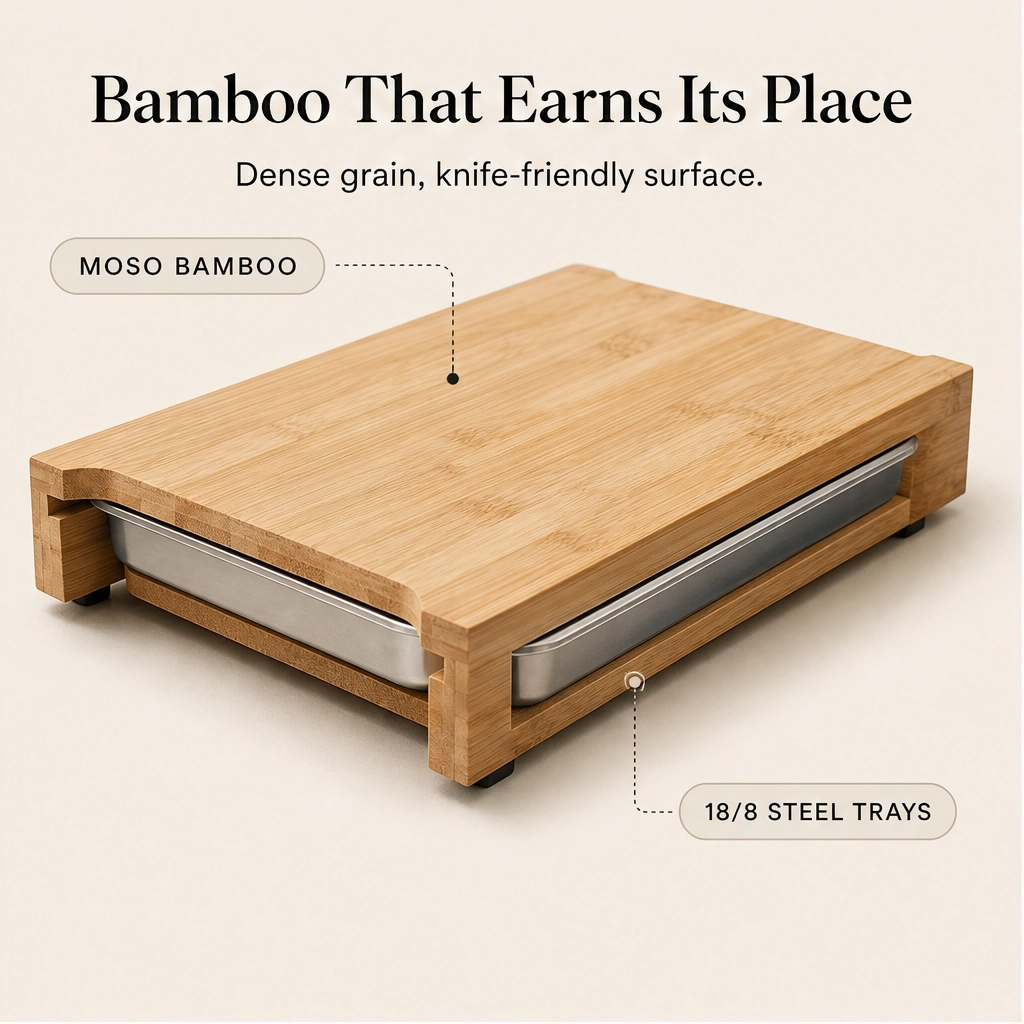 Larderboard™ – Bamboo Prep Board with Built-In Stainless Steel Trays + 50% OFF