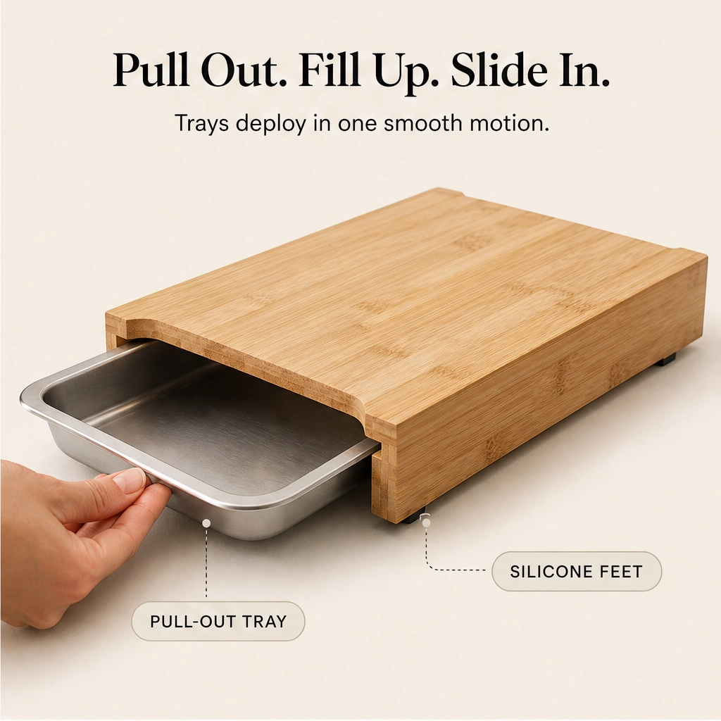 Larderboard™ – Bamboo Prep Board with Built-In Stainless Steel Trays + 50% OFF