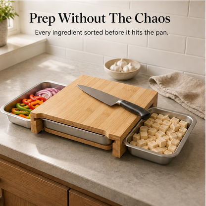 Larderboard™ – Bamboo Prep Board with Built-In Stainless Steel Trays + 50% OFF