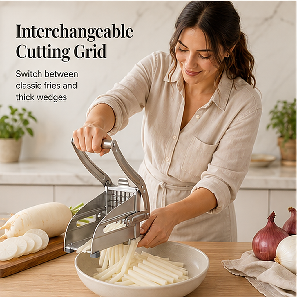 Frywell – Stainless Steel French Fry & Veggie Cutter with Suction-Lock Base + 50% OFF