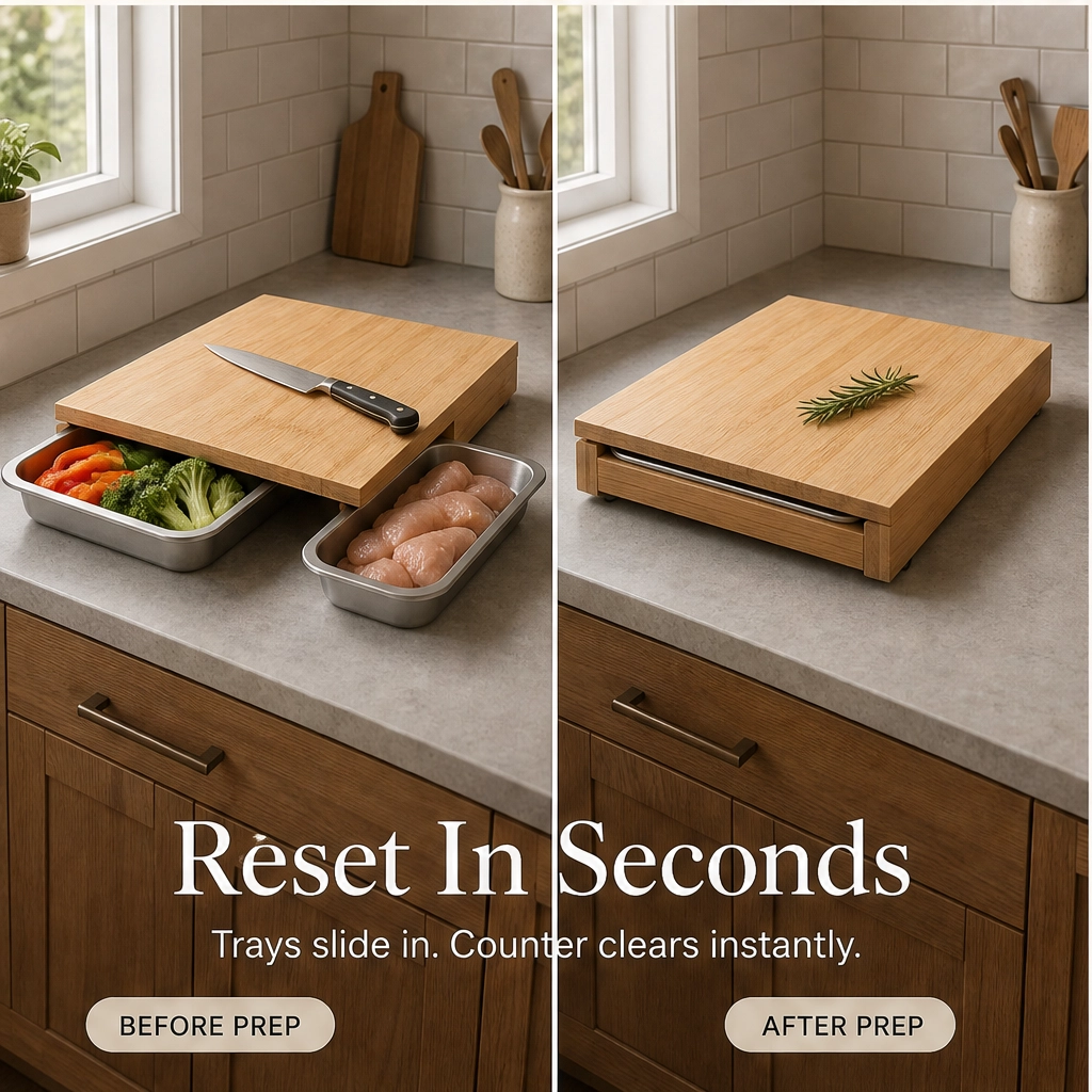 Larderboard™ – Bamboo Prep Board with Built-In Stainless Steel Trays + 50% OFF