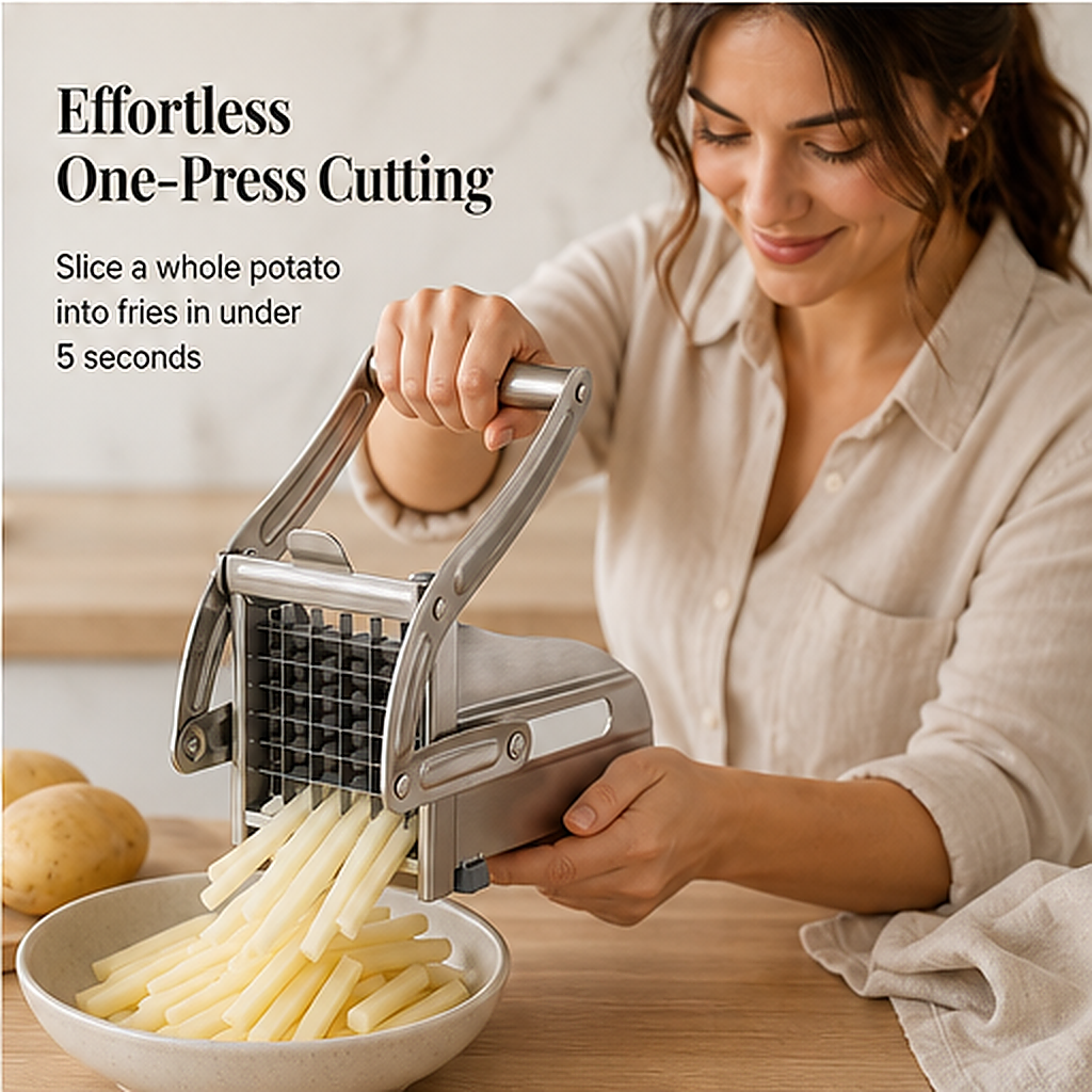 Frywell – Stainless Steel French Fry & Veggie Cutter with Suction-Lock Base + 50% OFF