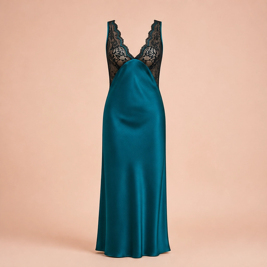Lunève™ – Satin & Lace Deep-V Open-Back Slip Nightdress + 50% OFF