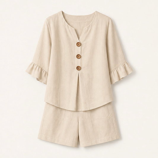 Solene™ – Cotton V-Neck Ruffle Top & Pocket Shorts Two-Piece Set + 50% OFF