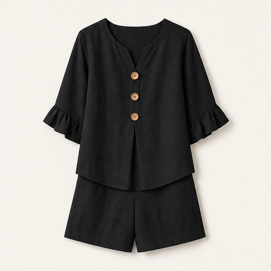 Solene™ – Cotton V-Neck Ruffle Top & Pocket Shorts Two-Piece Set + 50% OFF