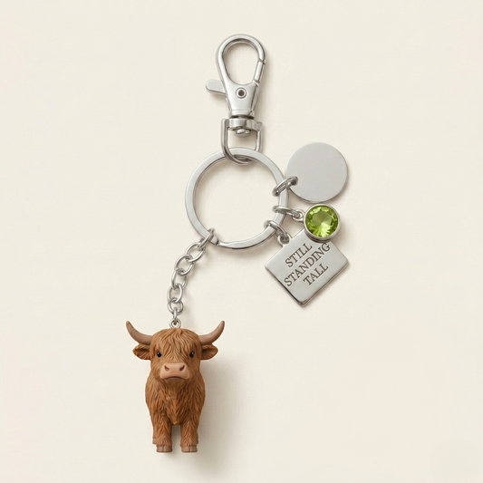 Thistledown™ – Highland Cow Keychain With "Still Standing Tall" Charm & Sentiment Card + 50% OFF