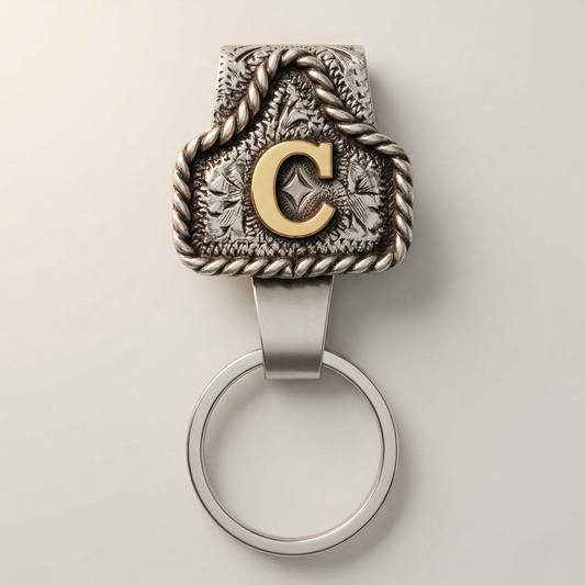 Conchofield™ – Western Initial Belt Clip Keychain, A-Z Letters, Engraved Concho Design + 50% OFF