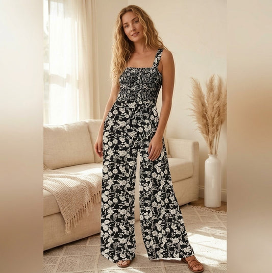 Velura™ – Floral Print Smocked Bust Wide-Leg Sleeveless Jumpsuit with Pockets + 50% OFF