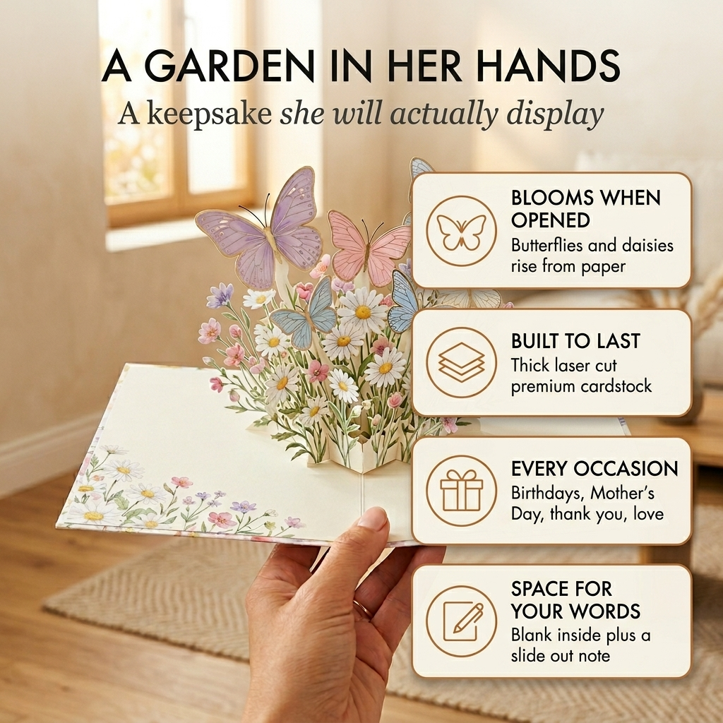 Gossamer™ – 3D Pop-Up Butterfly & Daisy Greeting Card with Envelope + 50% OFF