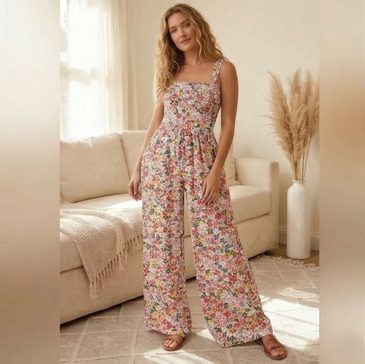 Velura™ – Floral Print Smocked Bust Wide-Leg Sleeveless Jumpsuit with Pockets + 50% OFF