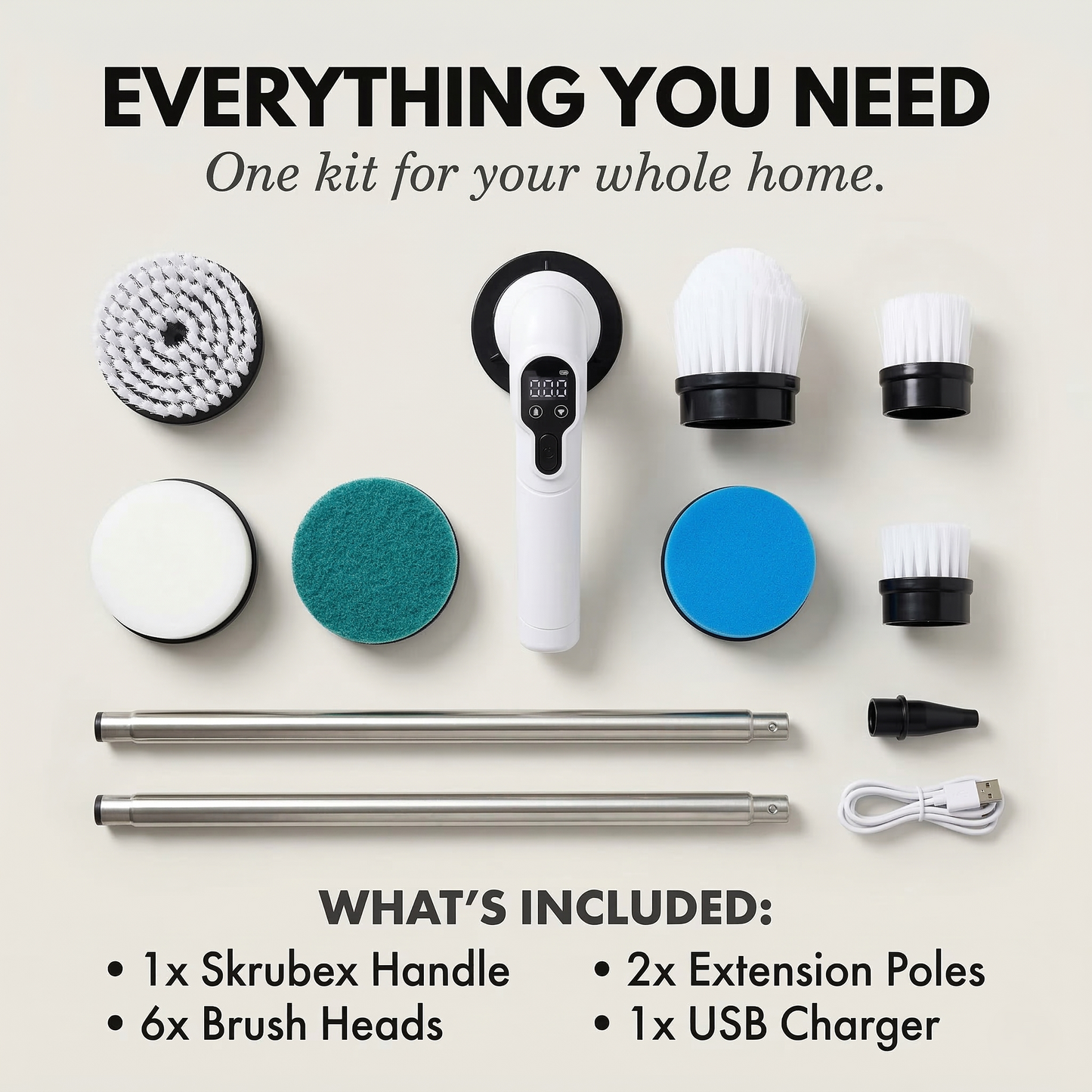 Skrubex™ – 9-in-1 Electric Cleaning Brush with 6 Brush Heads, IPX7 Waterproof, 3-Speed Motor for Bathroom, Kitchen & Car +50% OFF