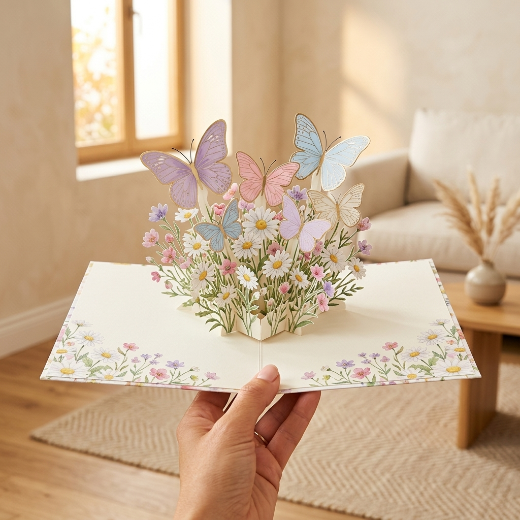 Gossamer™ – 3D Pop-Up Butterfly & Daisy Greeting Card with Envelope + 50% OFF