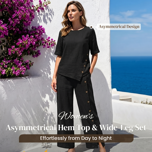 Drapelle™ – Asymmetric Drape Top & Wide-Leg Pants 2-Piece Set + 50% OFF