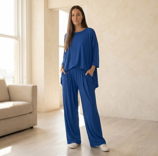 Lushara™ – Soft Pleated Two-Piece Lounge Set | Round Neck Top & Wide-Leg Pants +50% OFF