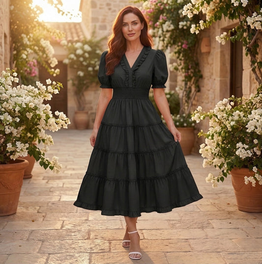 Tiearra™ – Smocked Waist Puff Sleeve Tiered Flowy Midi Dress +50% OFF