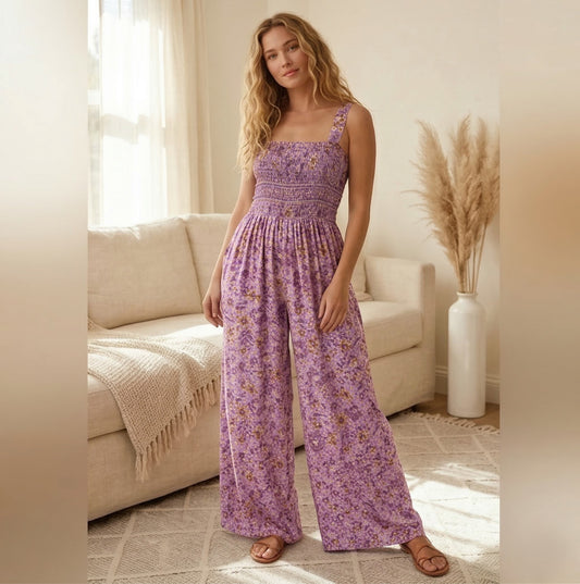 Velura™ – Floral Print Smocked Bust Wide-Leg Sleeveless Jumpsuit with Pockets + 50% OFF
