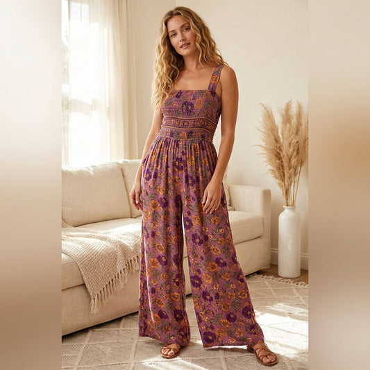 Velura™ – Floral Print Smocked Bust Wide-Leg Sleeveless Jumpsuit with Pockets + 50% OFF