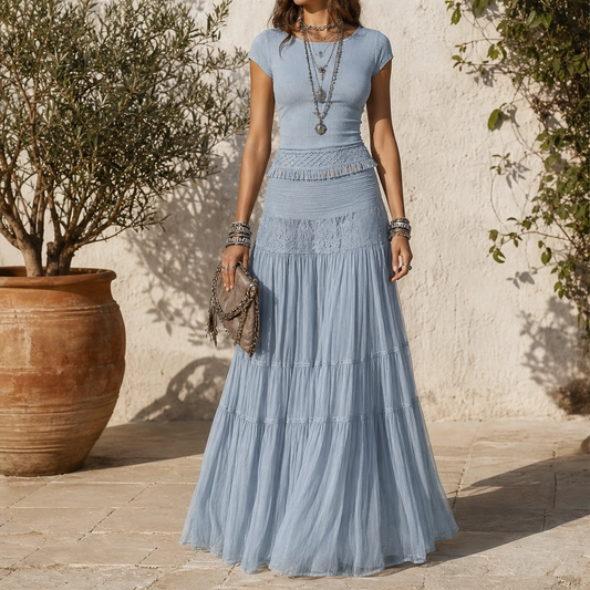Azurelle™ – Lace-Panelled Top & Pleated Chiffon Maxi Skirt Set + 50% OFF