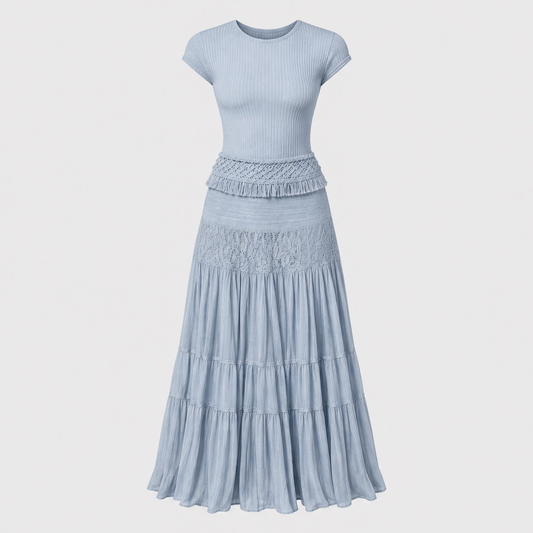 Azurelle™ – Lace-Panelled Top & Pleated Chiffon Maxi Skirt Set + 50% OFF
