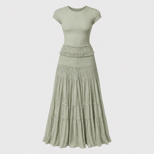 Azurelle™ – Lace-Panelled Top & Pleated Chiffon Maxi Skirt Set + 50% OFF