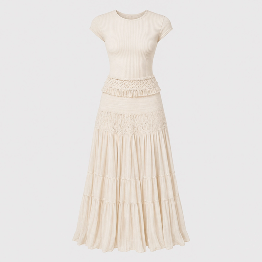 Azurelle™ – Lace-Panelled Top & Pleated Chiffon Maxi Skirt Set + 50% OFF