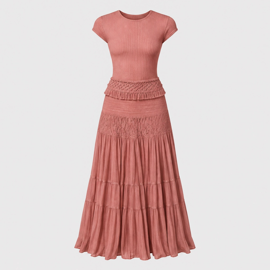 Azurelle™ – Lace-Panelled Top & Pleated Chiffon Maxi Skirt Set + 50% OFF