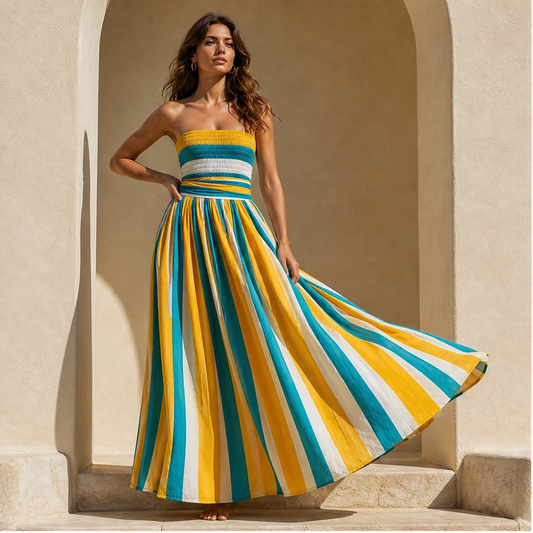Marisol™ – Smocked Strapless Striped Maxi Dress + 50% OFF