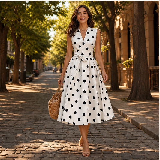 Veraine™ – Polka Dot V-Neck Adjustable-Waist Summer Dress + 50% OFF